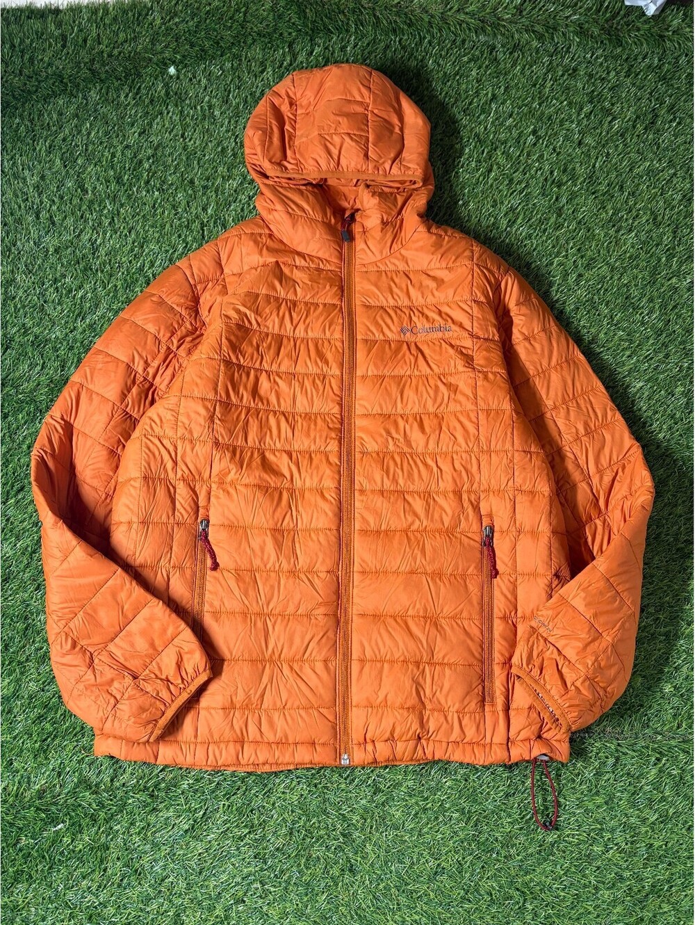 Vintage Columbia Omni-Heat Hooded Puffer Jacket Orange Nylon Mens Size L